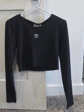 adidas Black Long-Sleeve Cropped Tee with Trefoil